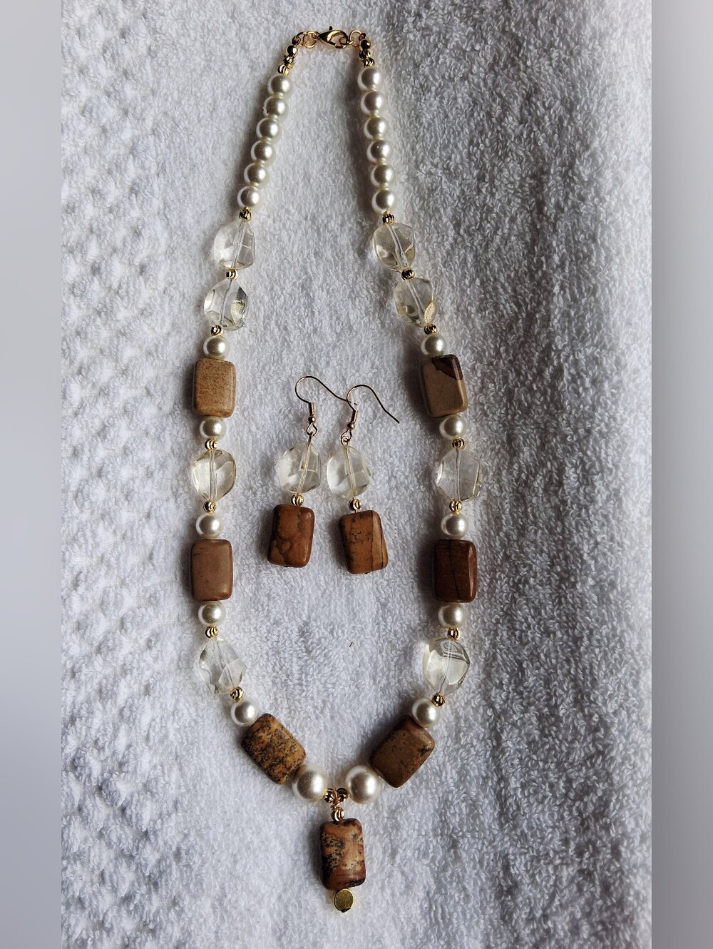 Pearl & Brown Stone Necklace with Matching Earrings